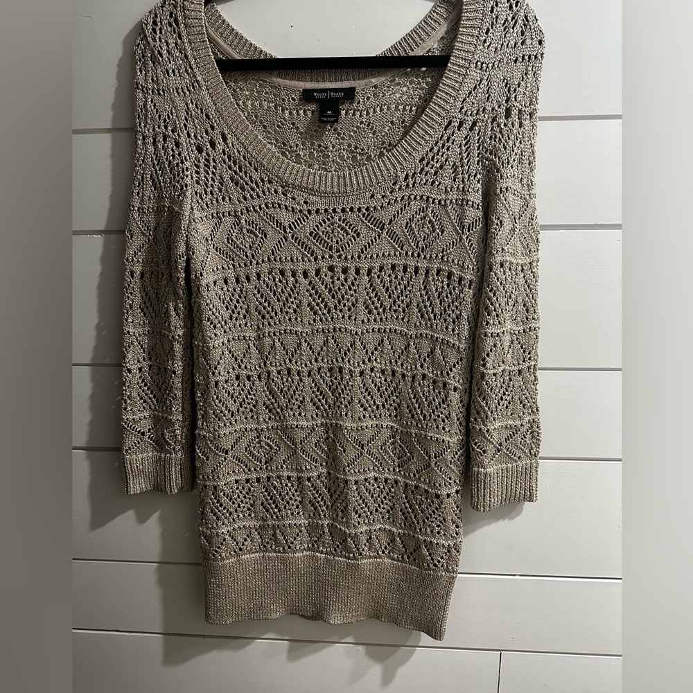 White House | Black Market Metallic Pearl Dust Crochet Sweater